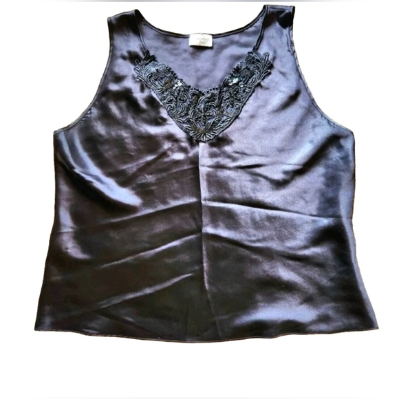 VTG Cinema Exoile Satin beaded V-Neck camisole Size Large Color black - Picture 1 of 7